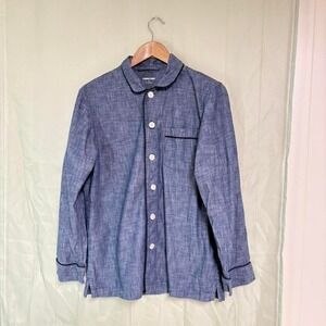 Lands' End Men's Blue 100% Cotton Pajama Top S Button Front Collared Long Sleeve